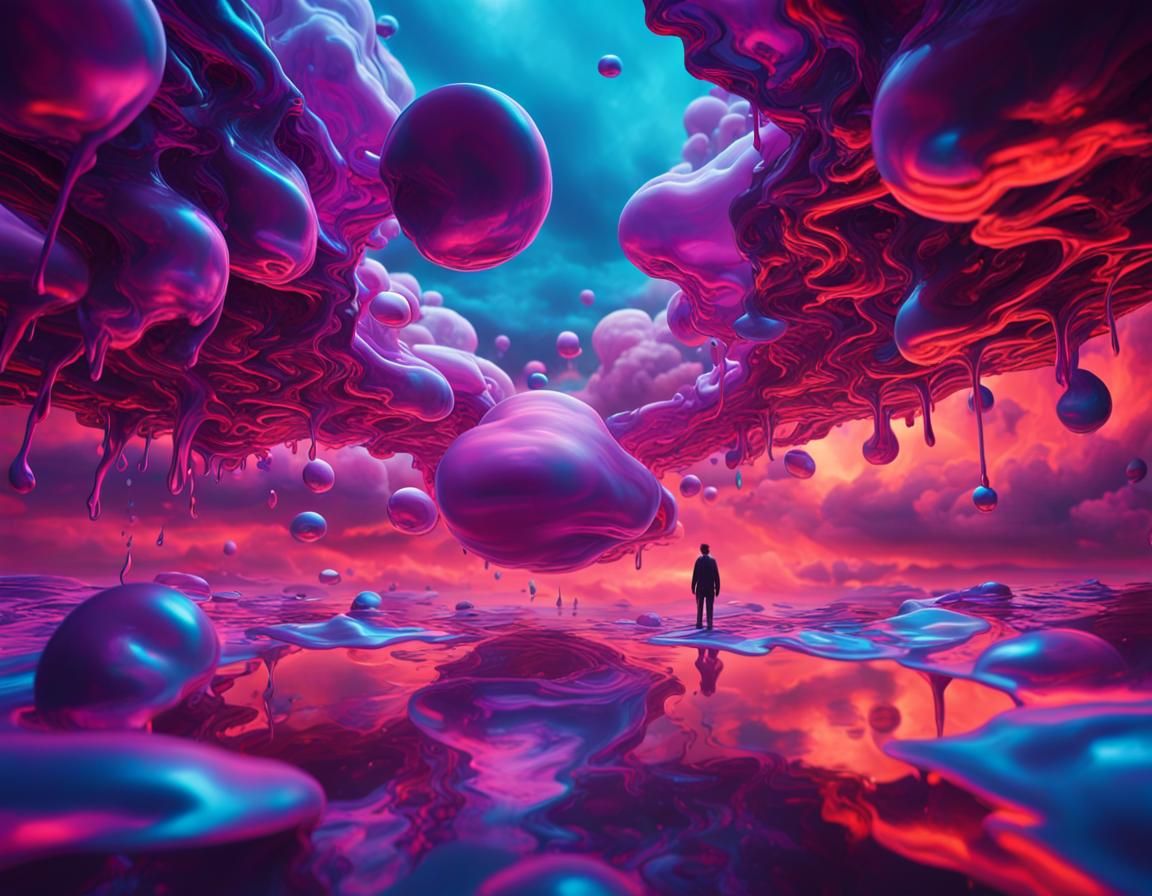 Surreal Floating Figure in Dreamlike Landscape