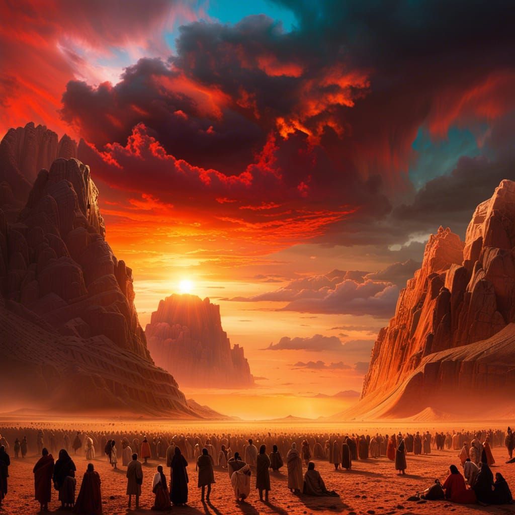 Epic Biblical Scene: Israelites in Desert Sunset