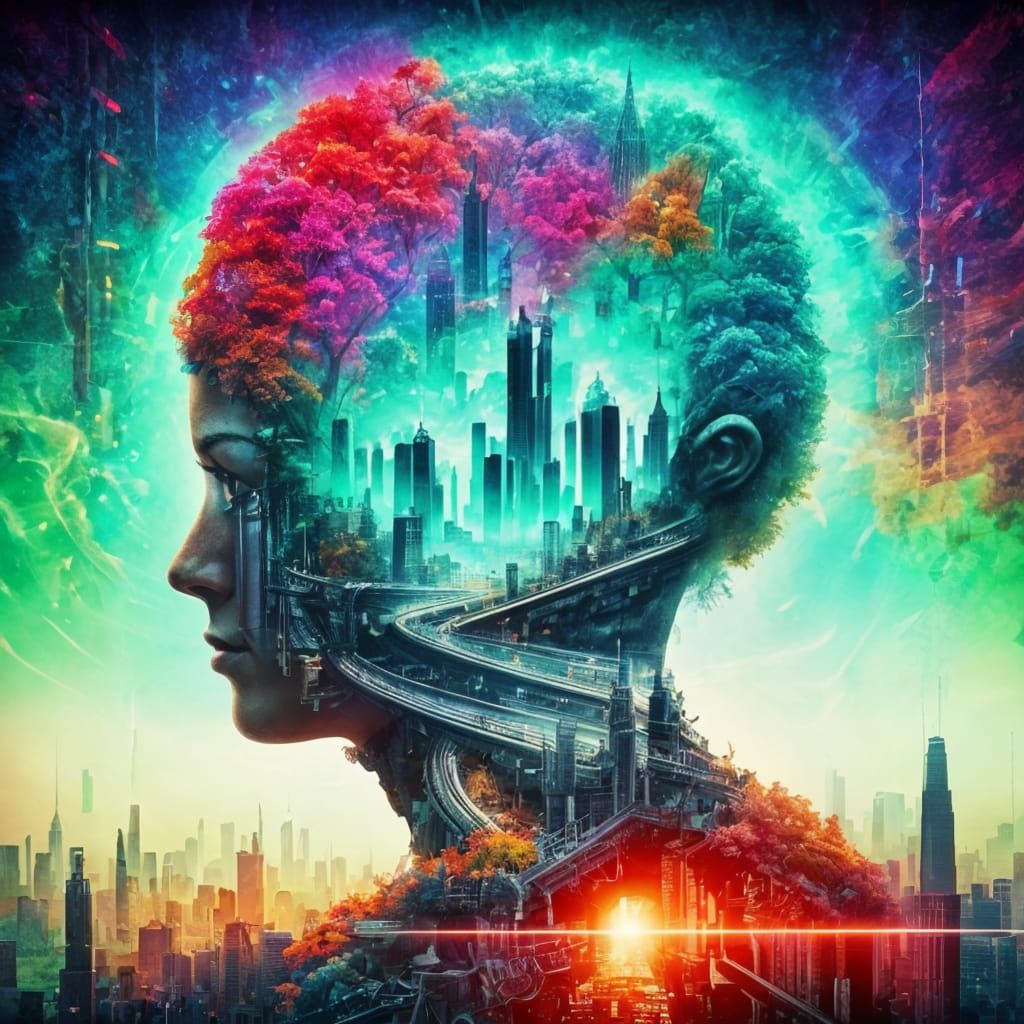 Surreal Double Exposure: Leaf and City in Steampunk Style