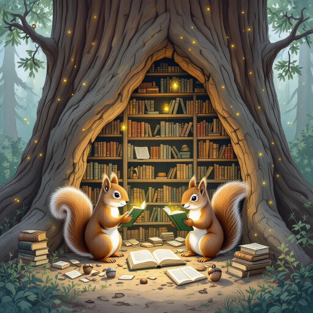 Enchanted Sequoia Library with Squirrel Librarians