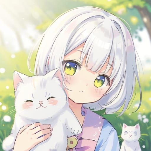 Kawaii Anime Girl Hugs Grumpy White Cat