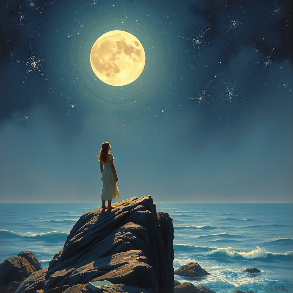 Woman Gazing at Moonlit Starry Sky