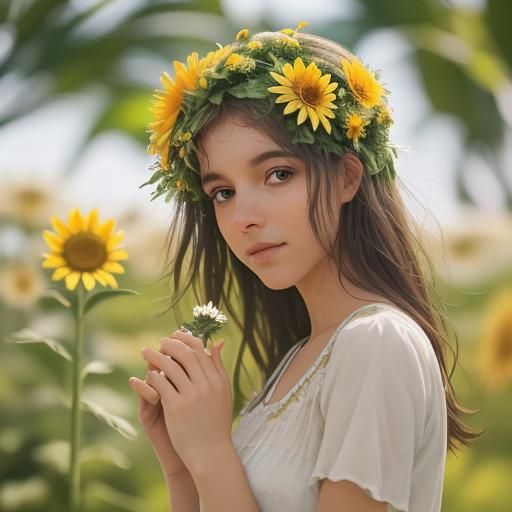 Girl in Spring Landscape with Sunflowers and Bees