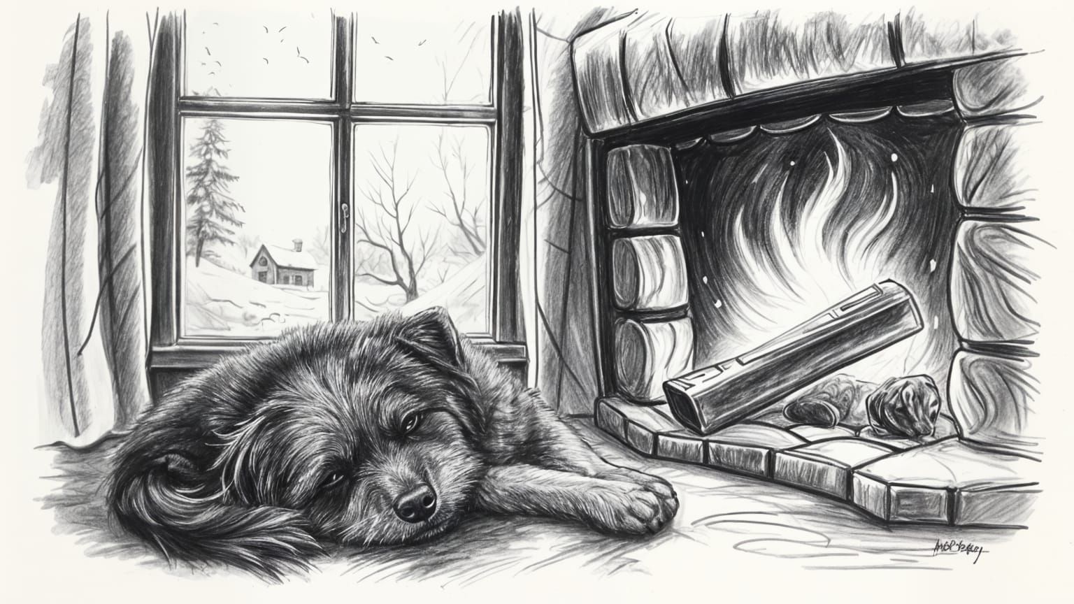 Cozy Dog Sleeps by Fireplace in Winter Charcoal Drawing