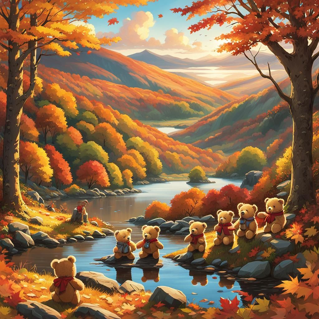 Teddy Bears Picnic in Autumn Landscape, Anime Style