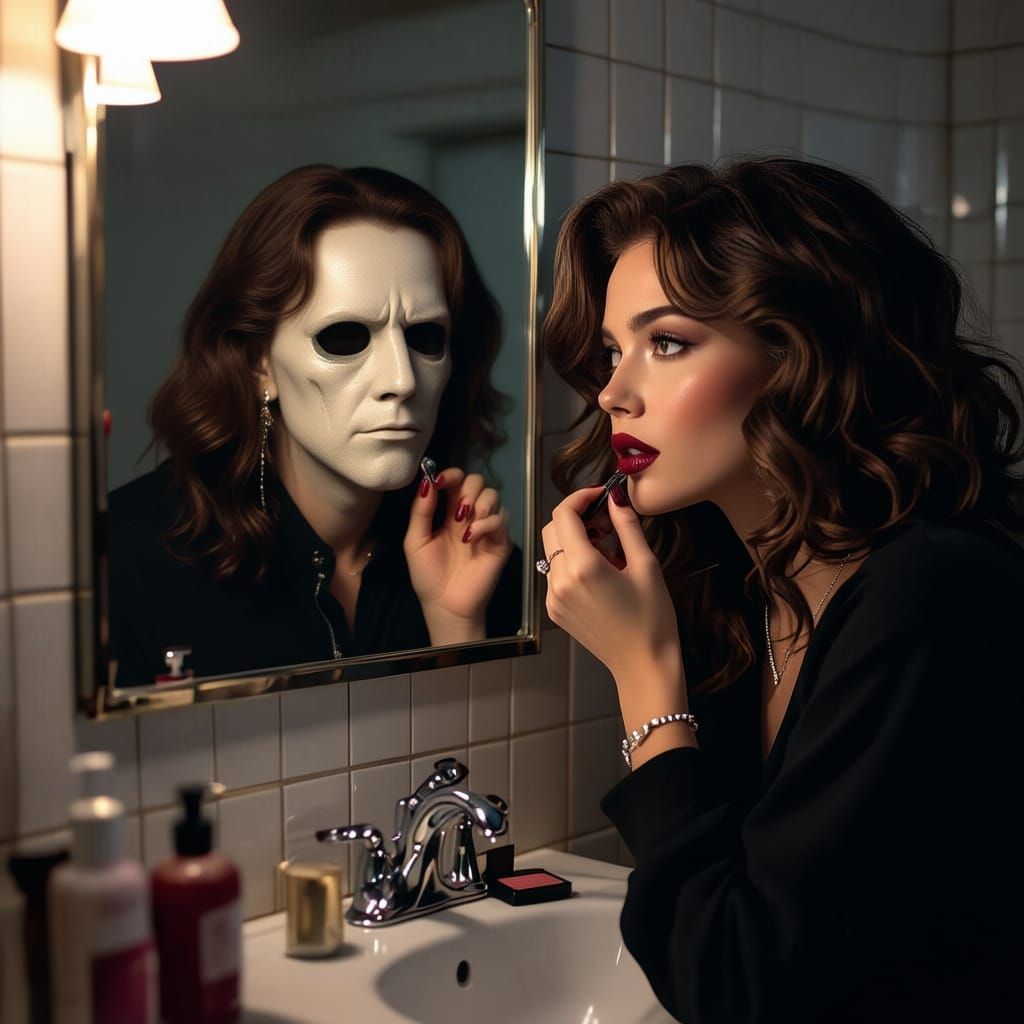 Woman Applying Lipstick Unaware of Ghostface Reflection