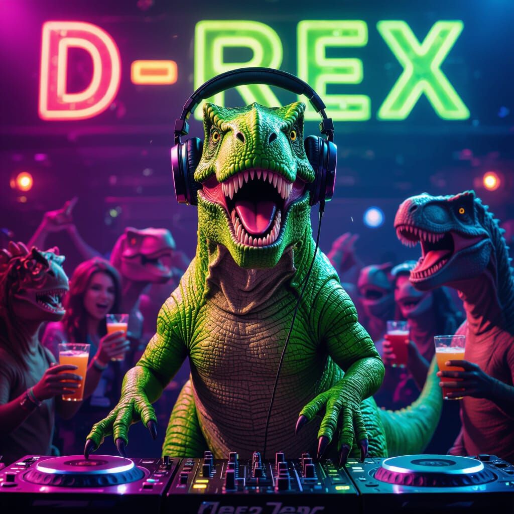 Neon T-Rex DJing in Dinosaur Nightclub, Digital Concept Art
