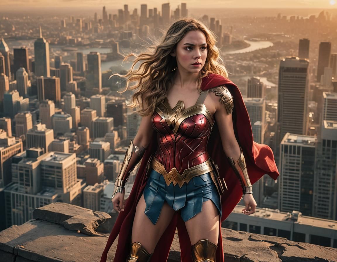 Wonder Woman in Modern Armor at Sunset
