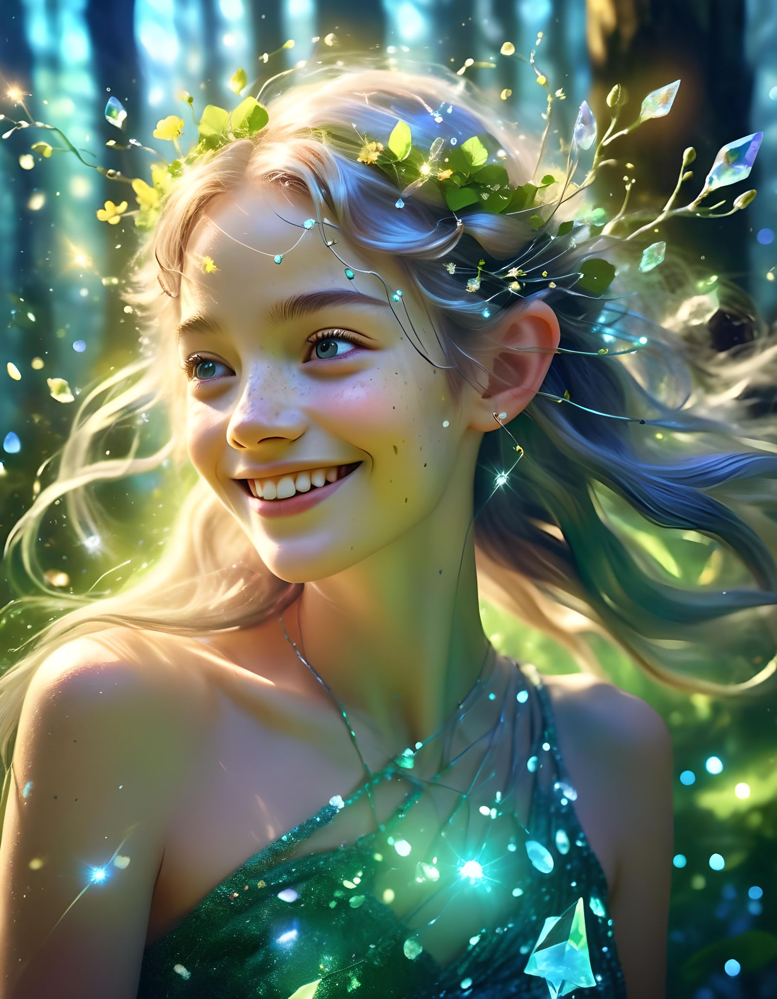 Fae Portrait in Bioluminescent Forest Splendor