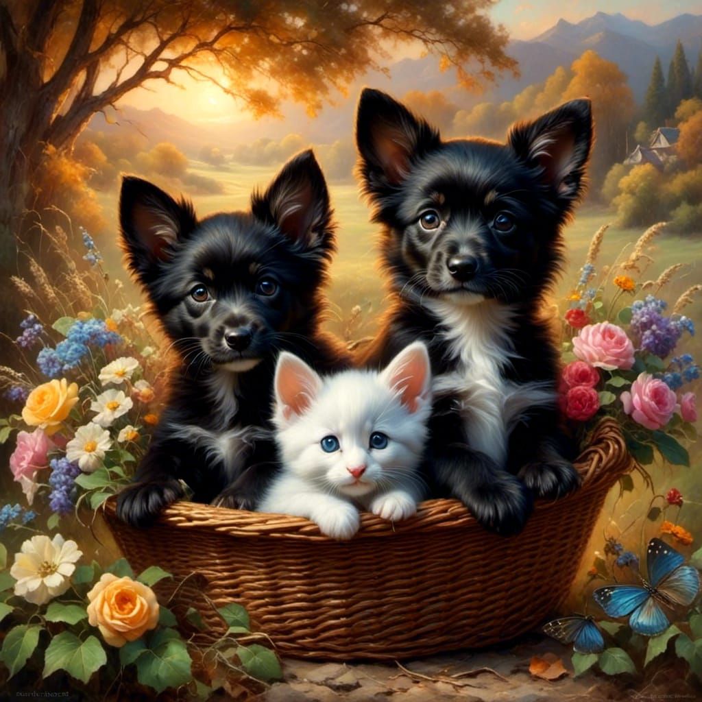 Puppy and Kittens in Flower Basket Digital Painting
