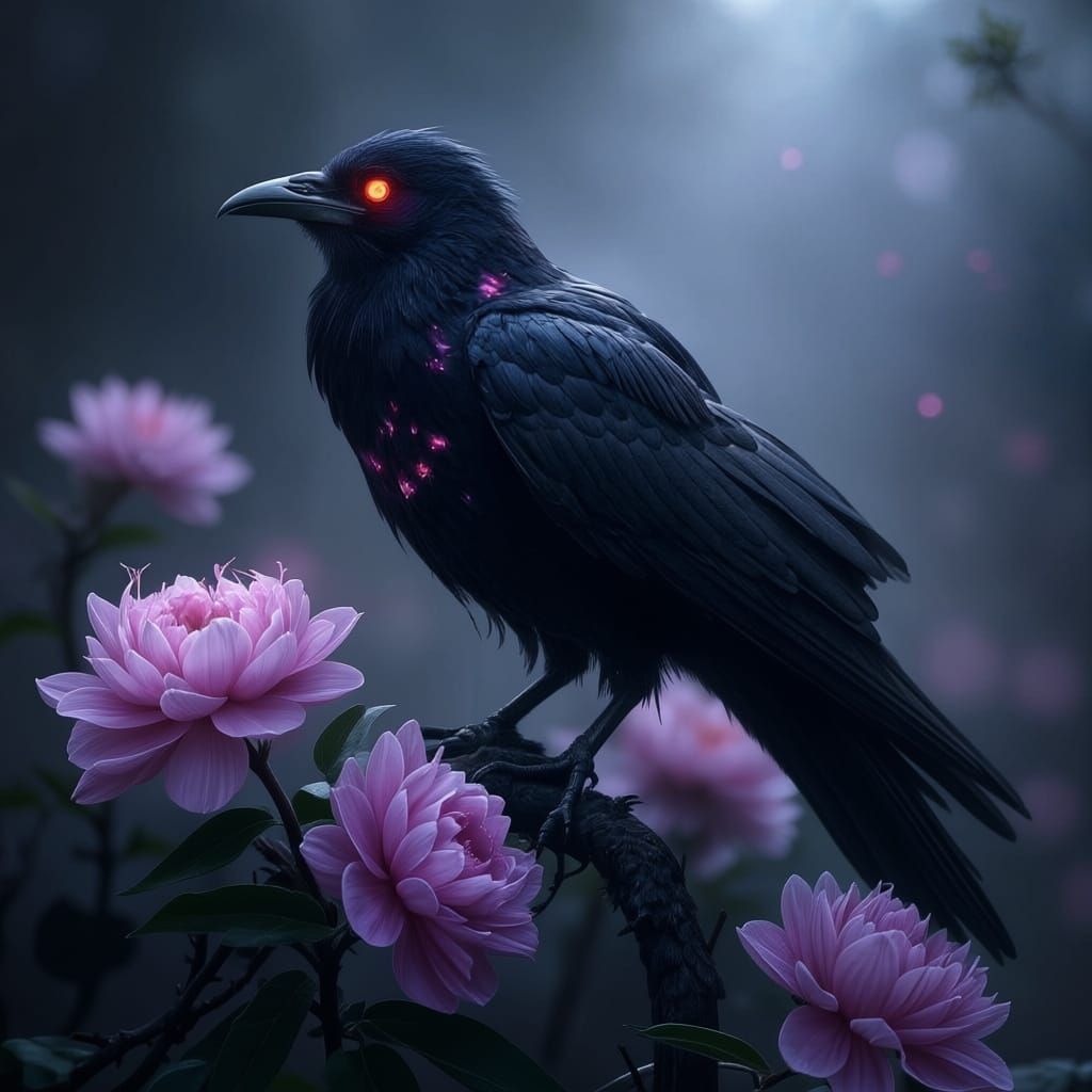 Majestic Raven with Glowing Purple Accents and Ethereal Flow...