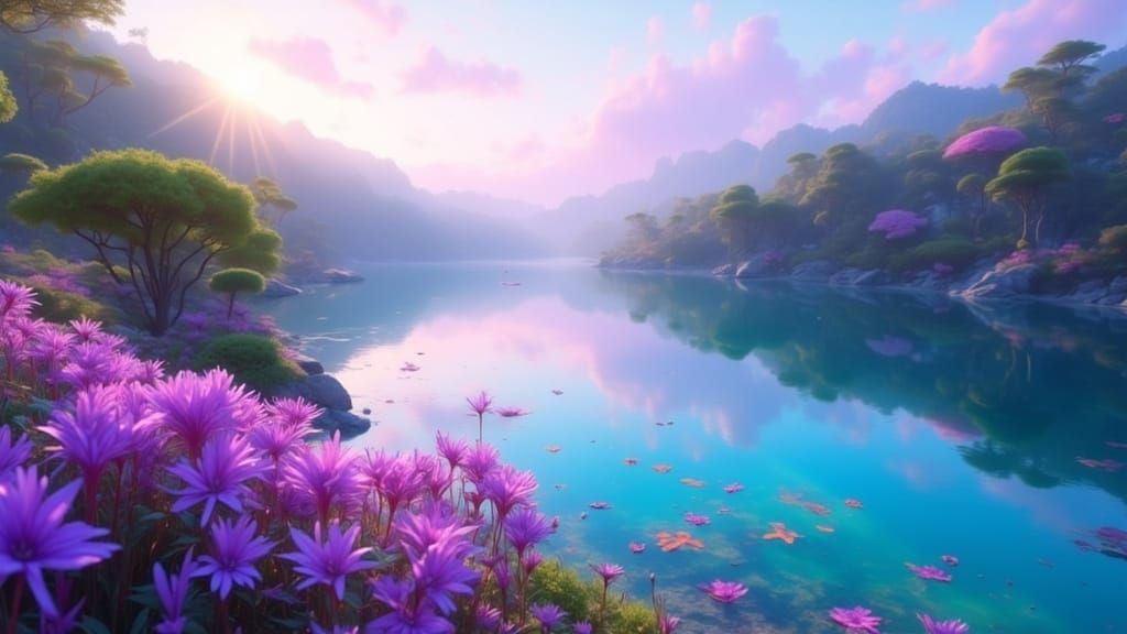 Vibrant Future Paradise Scene with Purple Blooms and Serene ...