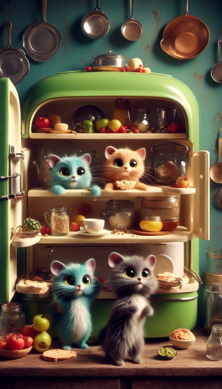 Cats Spying on Mouse Stealing Cheese in Cheerful Kitchen