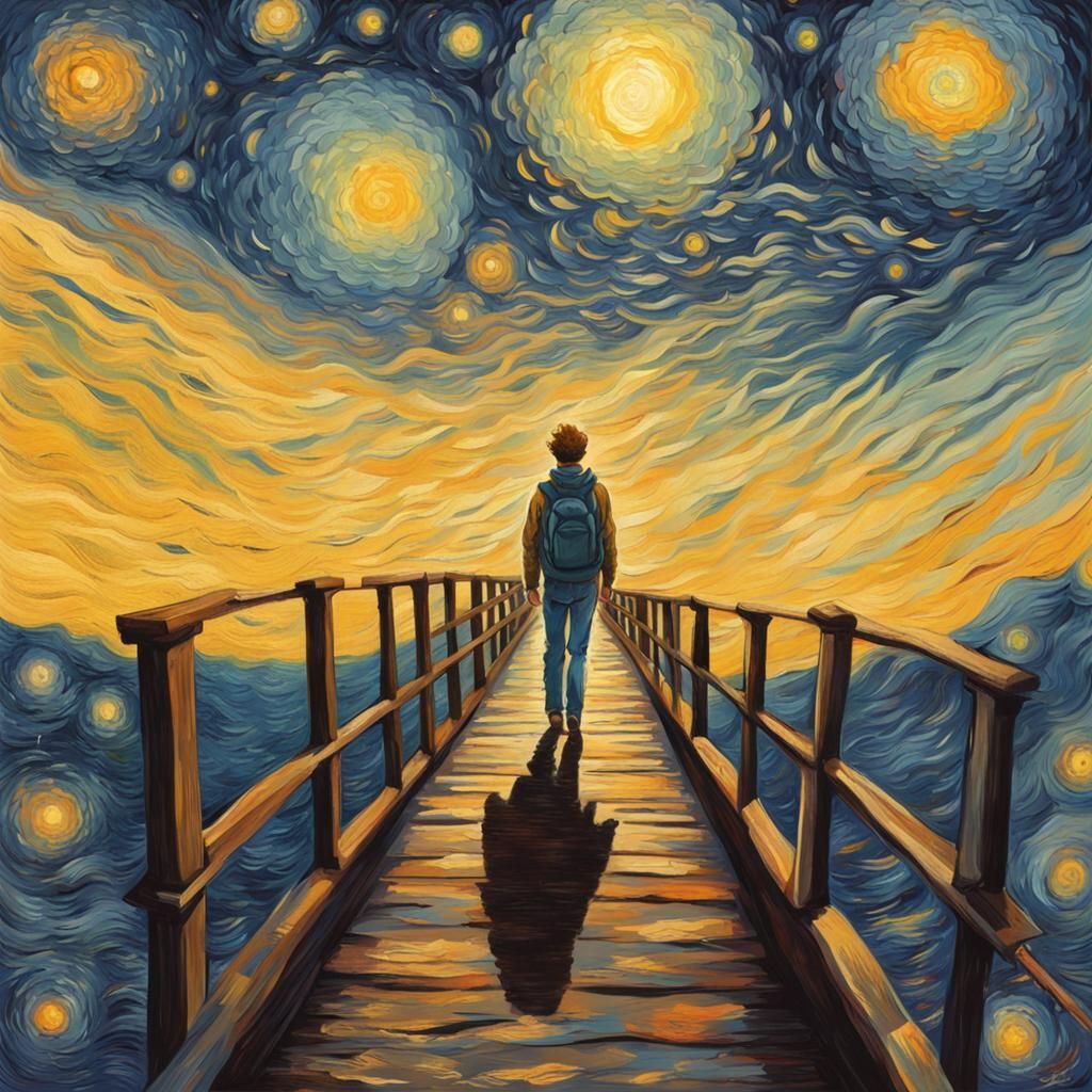 Traveler Crossing the Universe in Van Gogh Style