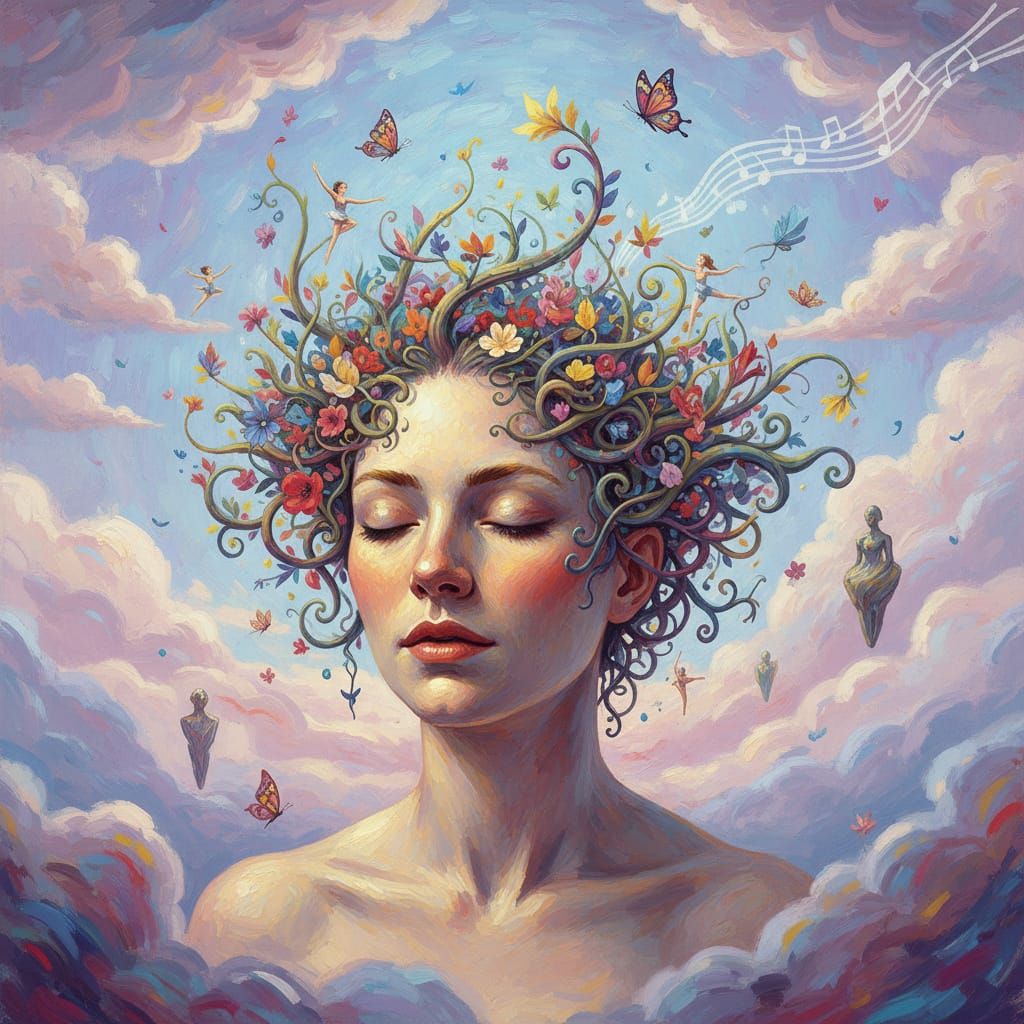 Surreal Floating Head with Blossoming Vines