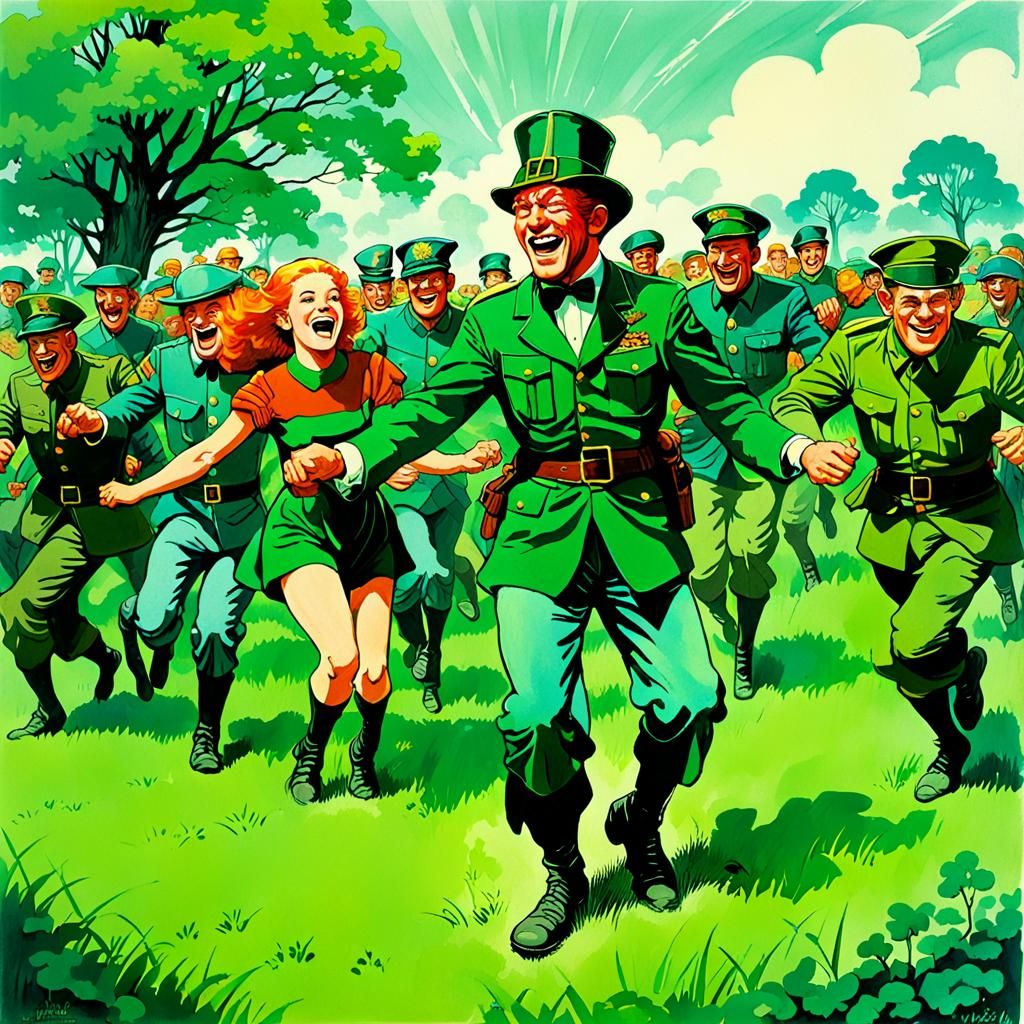Leprechauns and Soldiers Dancing in Field