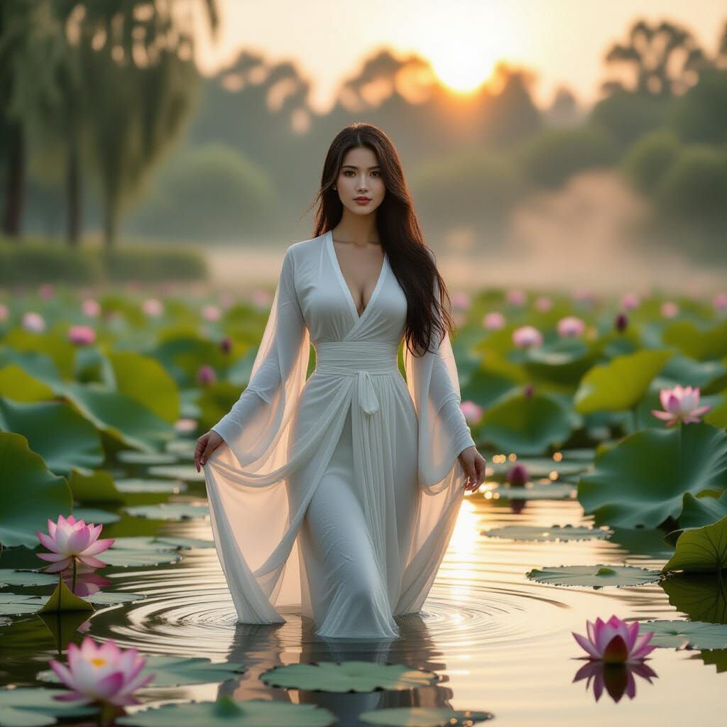 Vietnamese Woman in Lotus Pond at Dawn: Photorealistic 4K