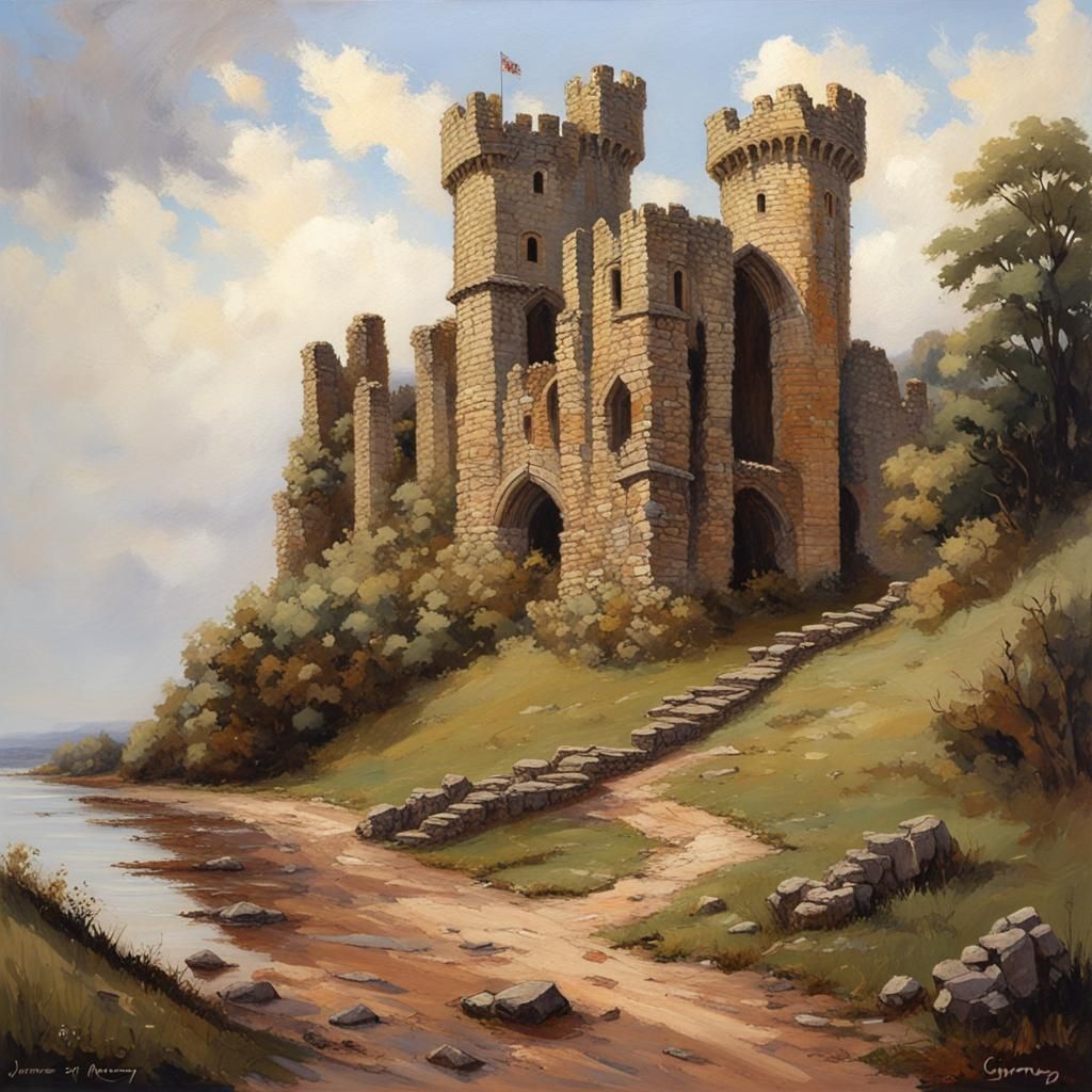 English Ruined Castle: Oil Painting by Gurney