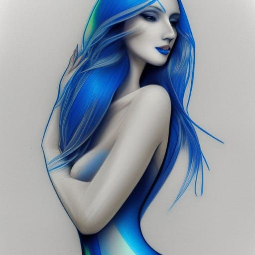 Futuristic Blue-Haired Woman: Precisionism Pencil Sketch