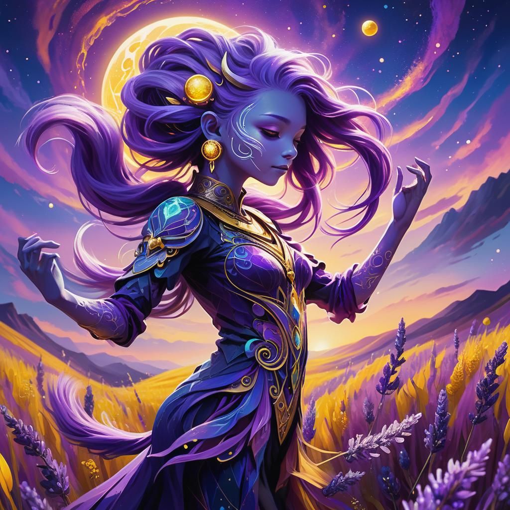 Purple Alien Dances on Colorful Field