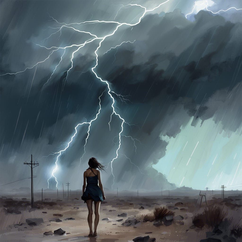 Intense Desert Lightning Storm Watercolor Painting