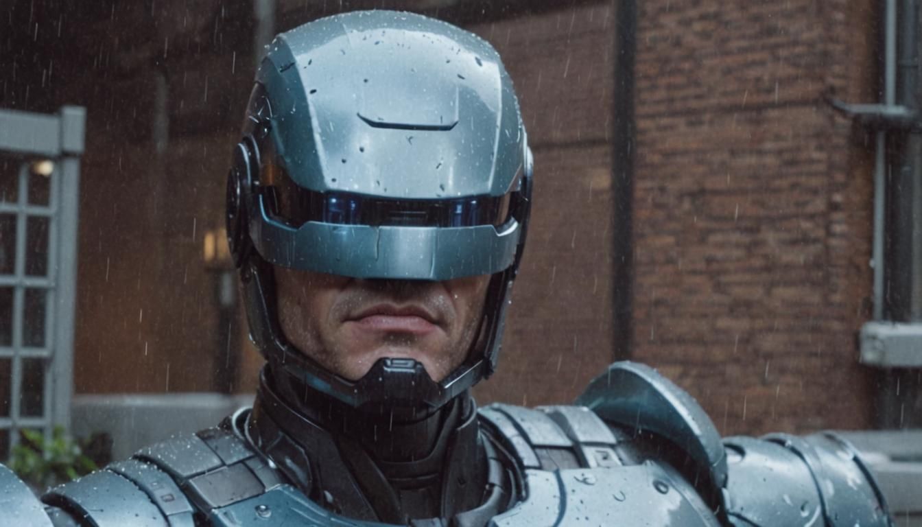 Robocop Fighting Crime in Dark Cyberpunk City