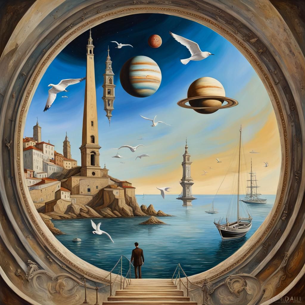 Surreal Sci-Fi Seaside with Spire and Saturn