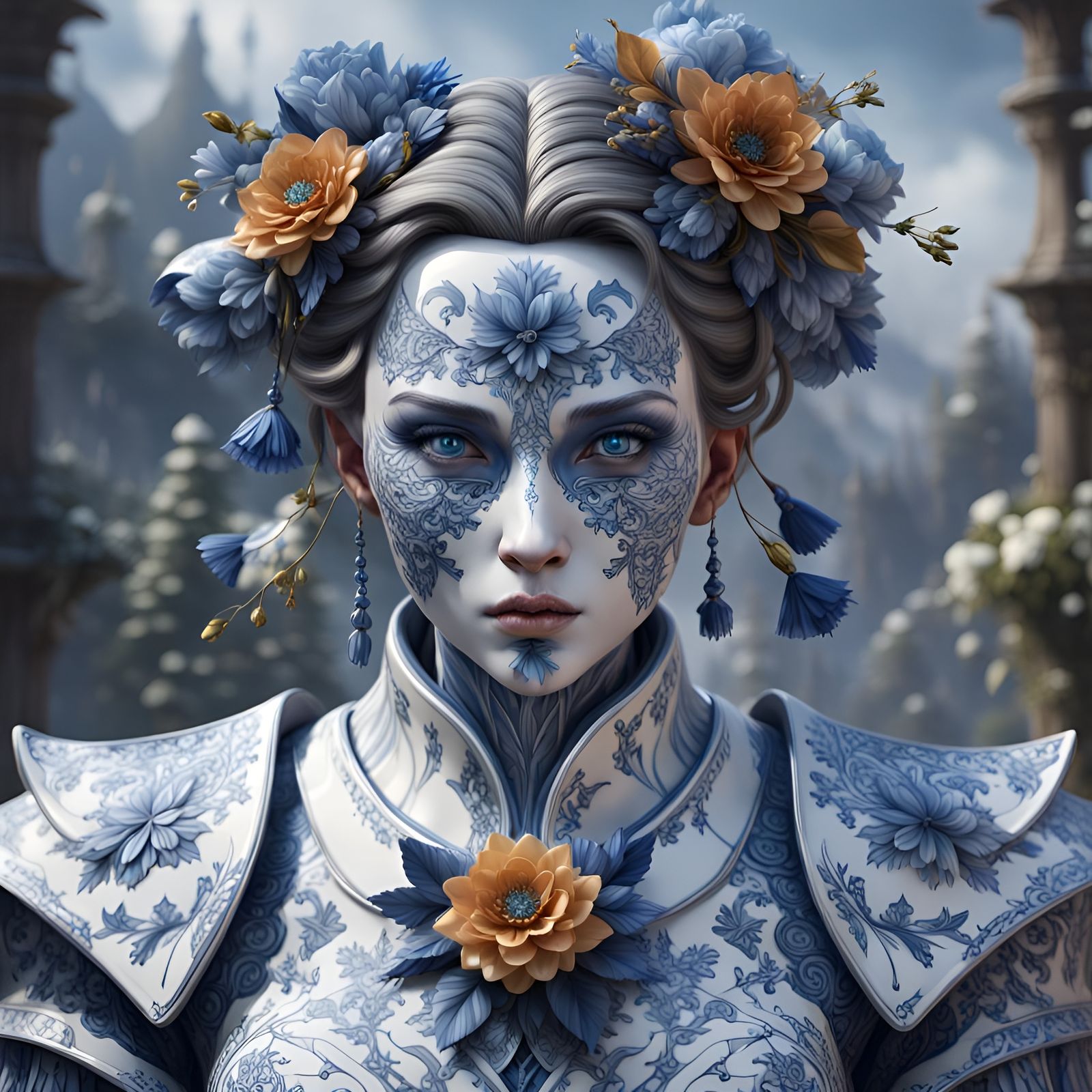 Porcelain Warrior with Bow in Digital Art Style