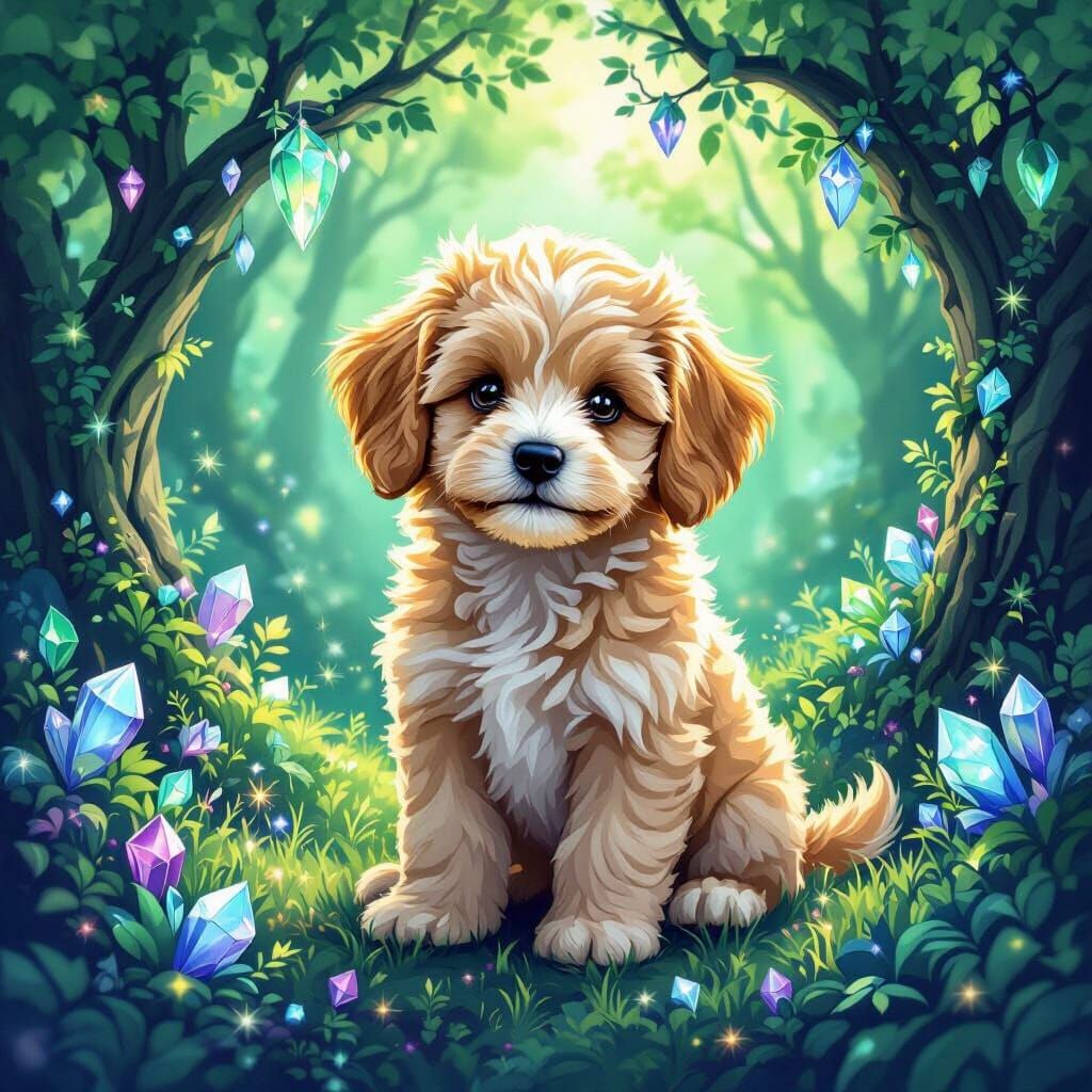 Cute Cavoodle Puppy in Gemstone Forest