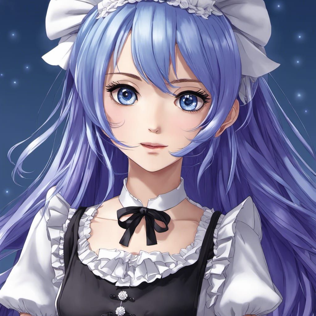 Anime Maid Portrait with Blue Hair and Purple Eyes