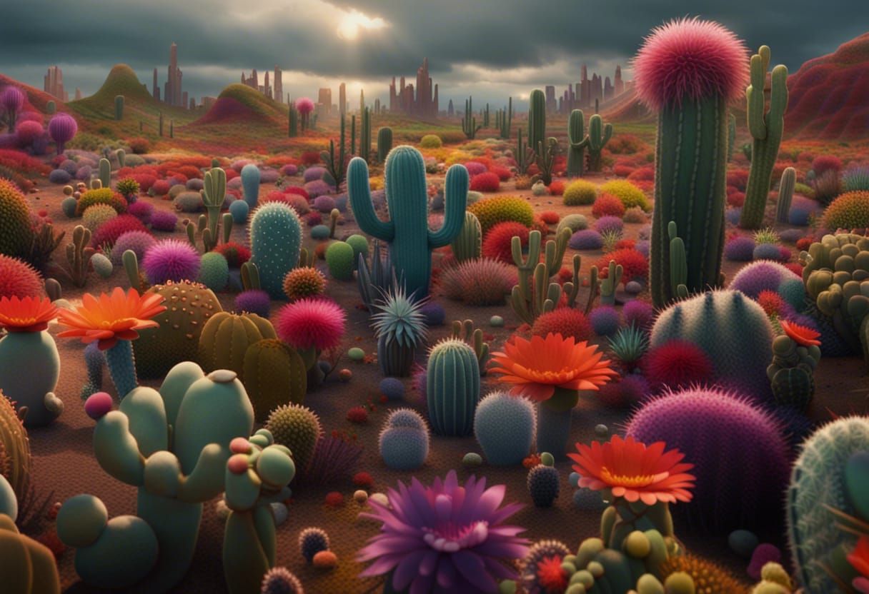 Pixar-Style Desert Garden Utopia Under Cloudy Sky