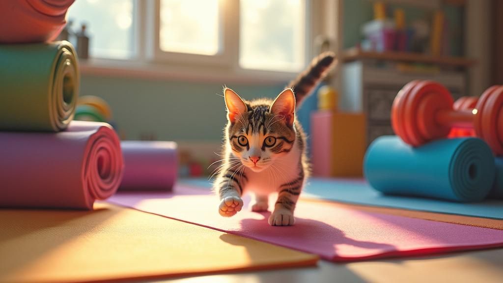 Curious Cat's Gym Adventure: Playful and Vibrant