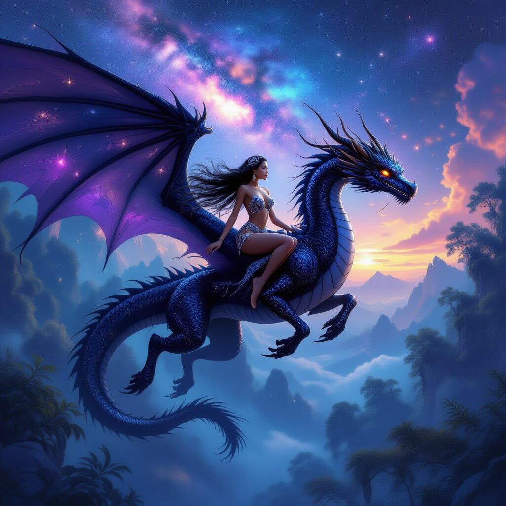 Dragon Night Flight with Woman in Starlight Bikini