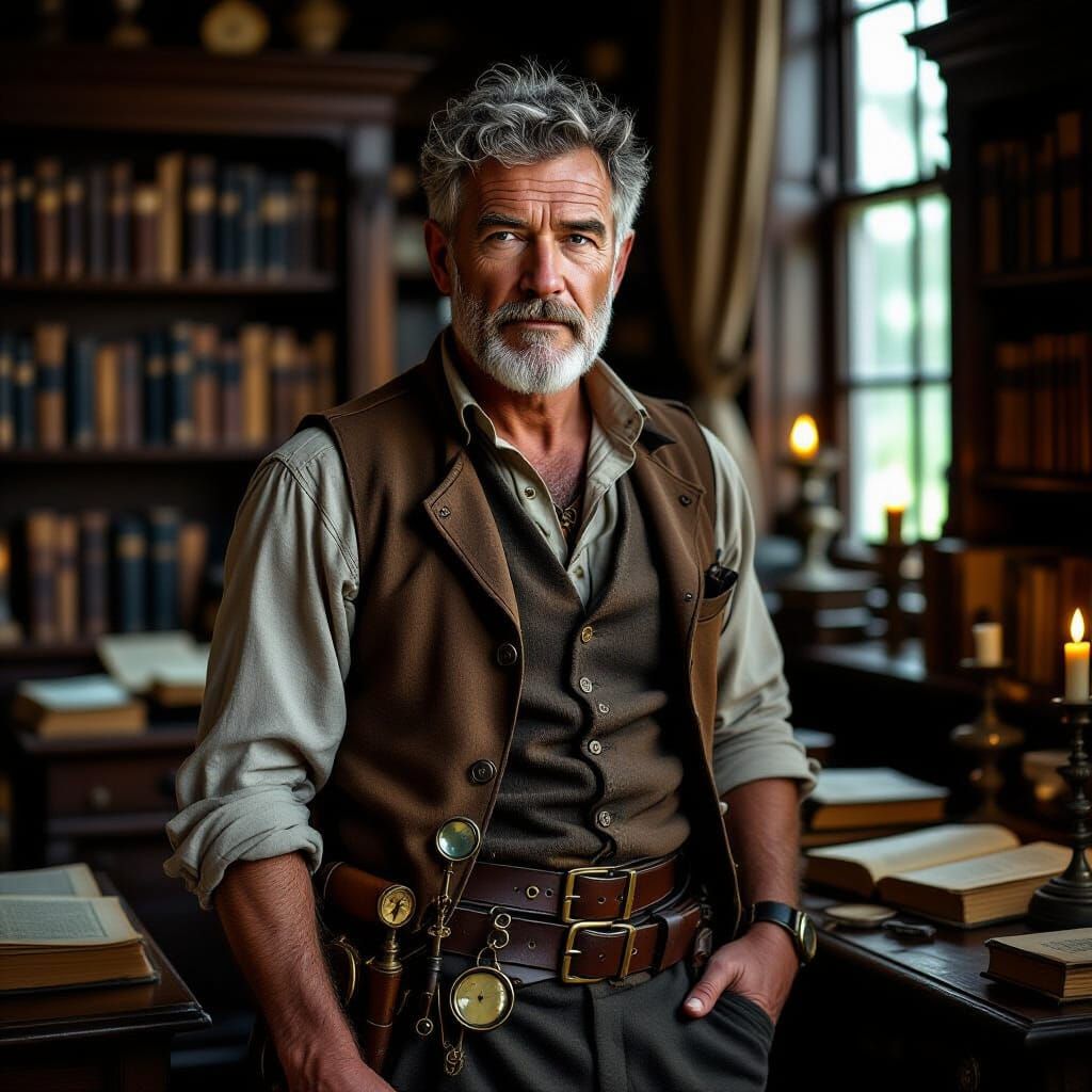 Weathered Archeologist in Candlelit Study, Photorealistic