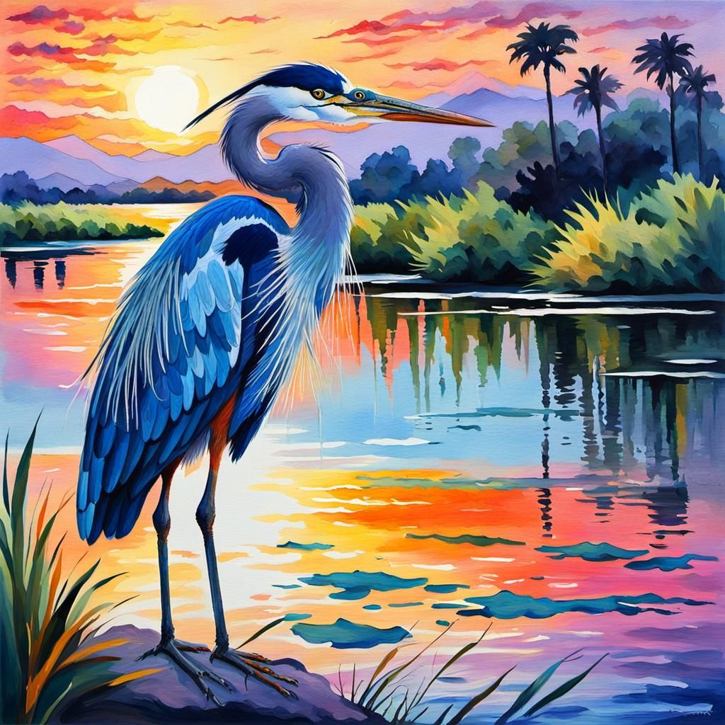 Heron on Lagoon at Sunset as Impasto Gouache