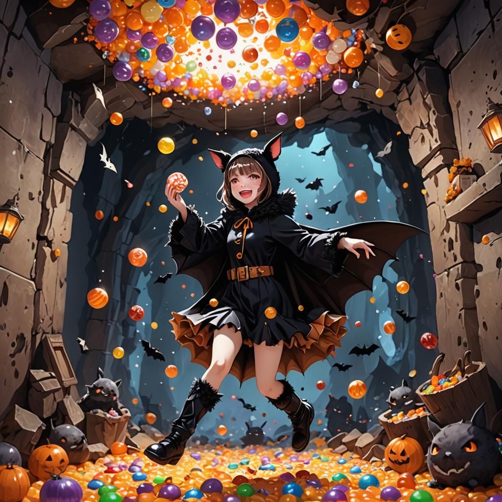Anime Girl in Bat Costume with Candy, 3D Art