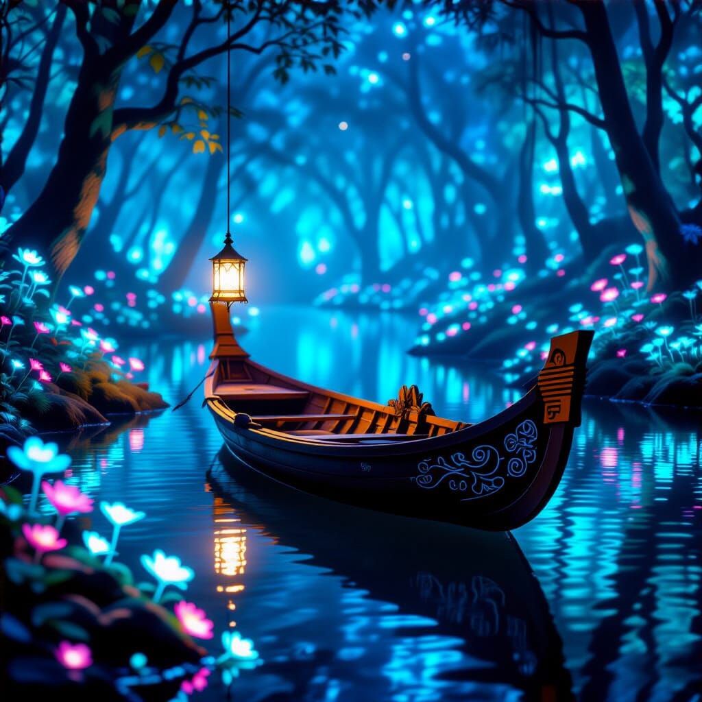 Bioluminescent Forest Lake Boat with Glowing Lantern