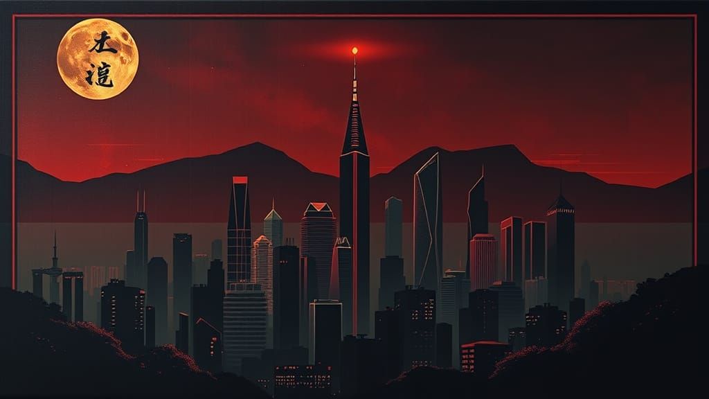Eerie Art Deco Chongqing Skyline Graphic