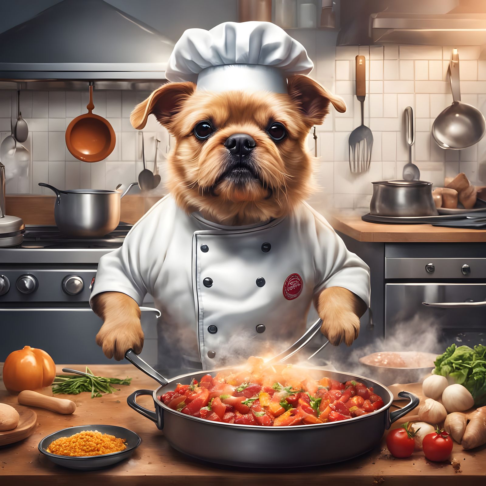 Elegant Canine Chef in a Vibrant Kitchen Scene, Rendered in...