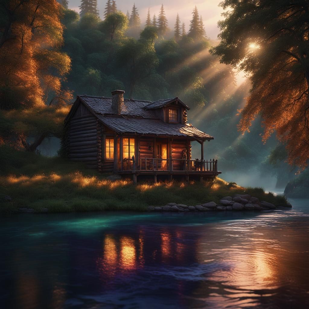 Cabin by River in Golden Hour Light