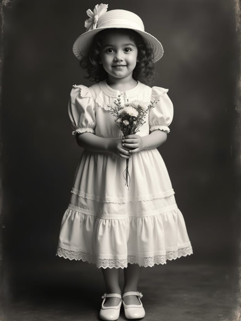Vintage 1900s Portrait of a Serene Young Girl in Elegant Att...