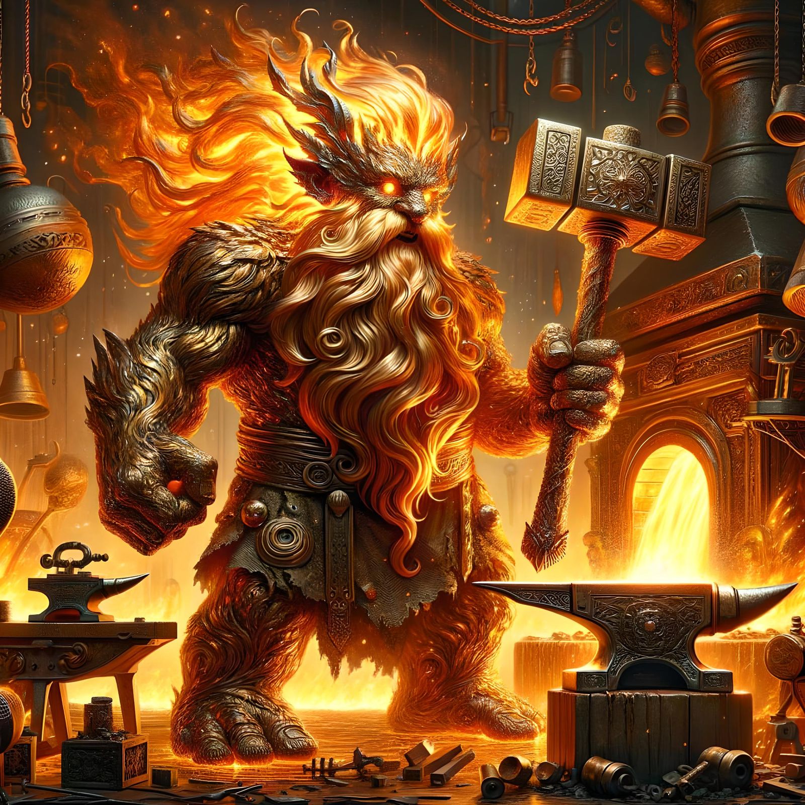 Bronze Fire Dwarf in a Fiery Forge
