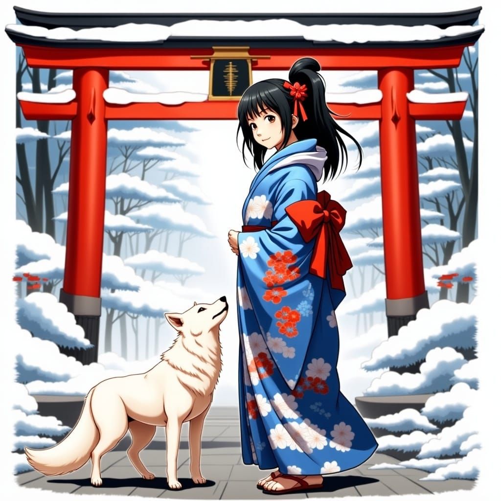 Kimono Woman and Wolf at Torii Gate: Digital Illustration