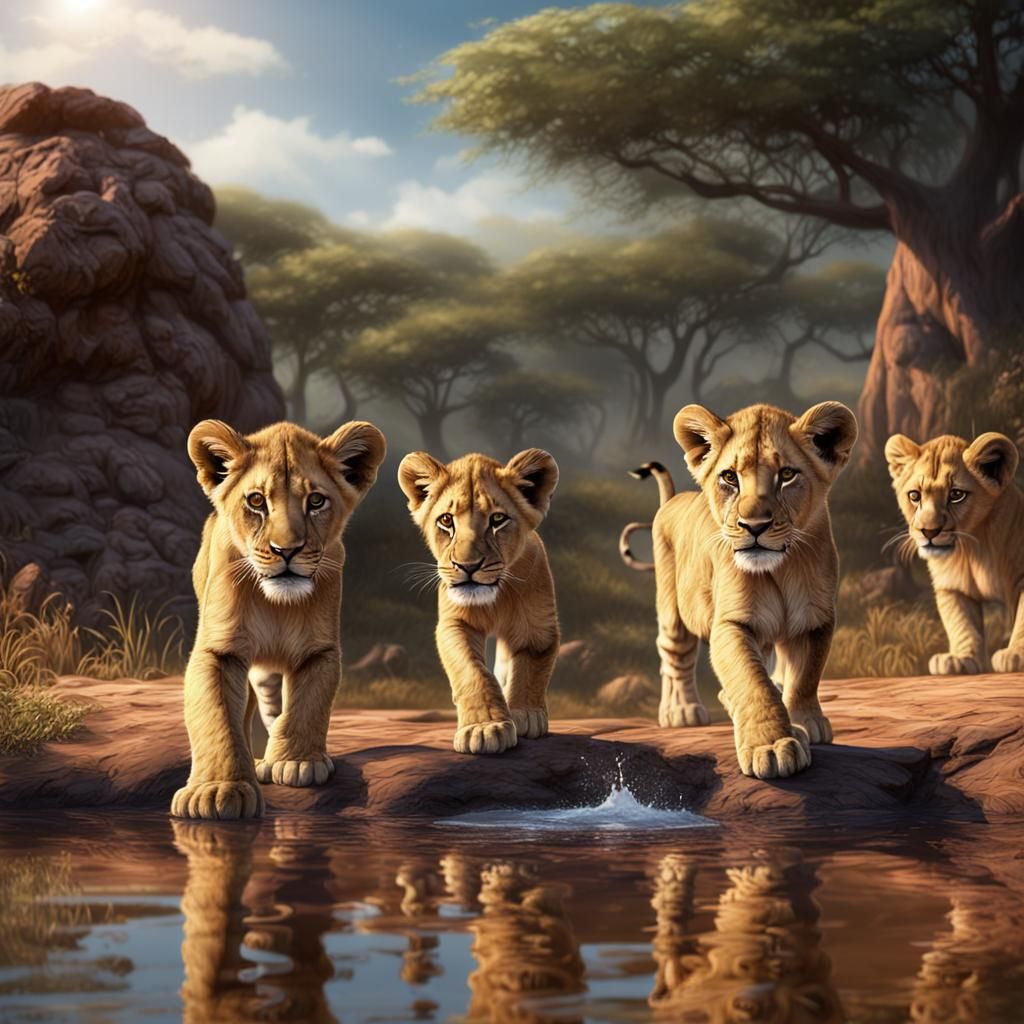Lion Cubs at African Watering Hole