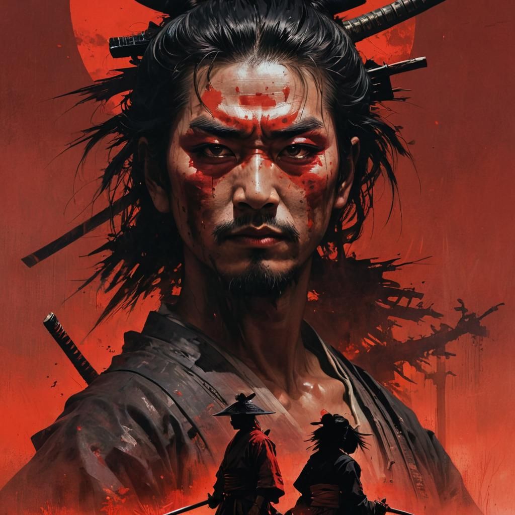 a Samurai warrior and a Geisha silhouetted face against a red summer sky, cinematic horror, horror poster art, painted b...