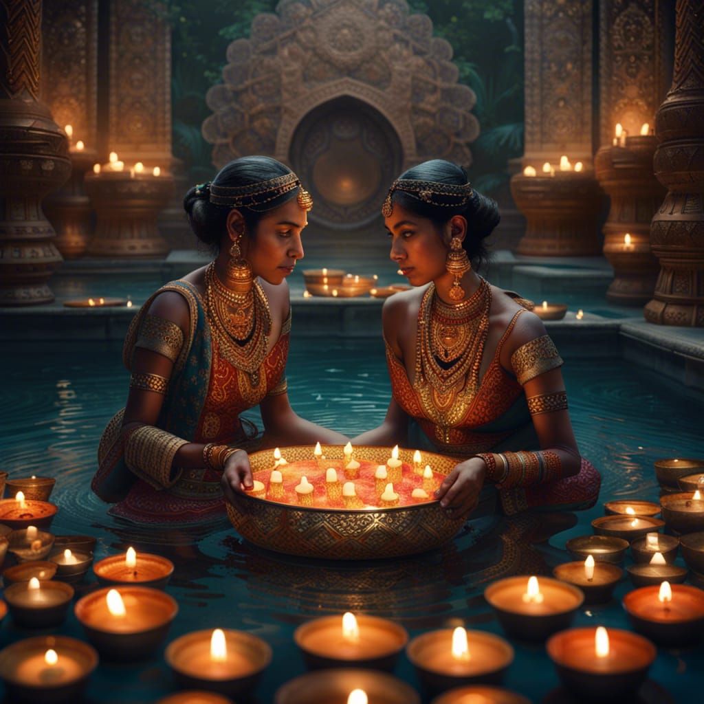Indian Women with Candles in a Pool
