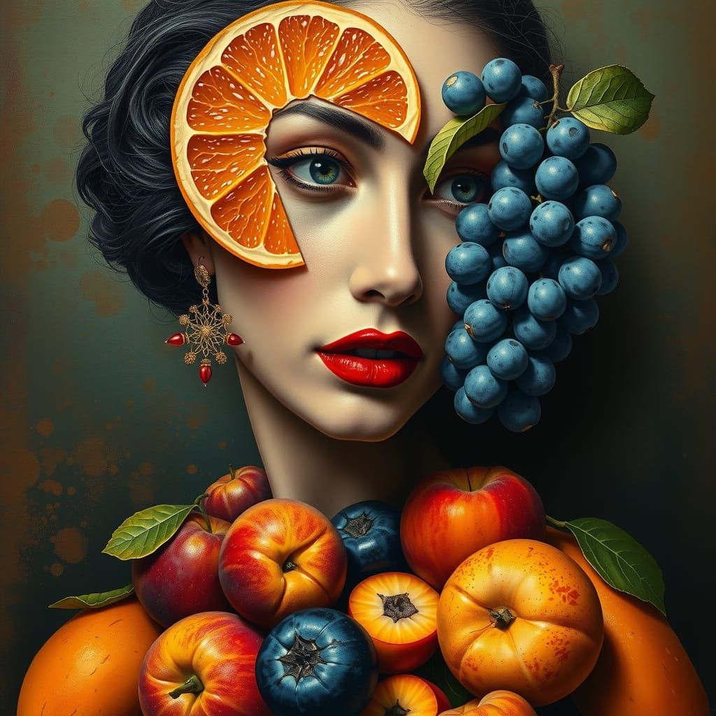 Surrealist Woman Mosaic in Vibrant Fruits