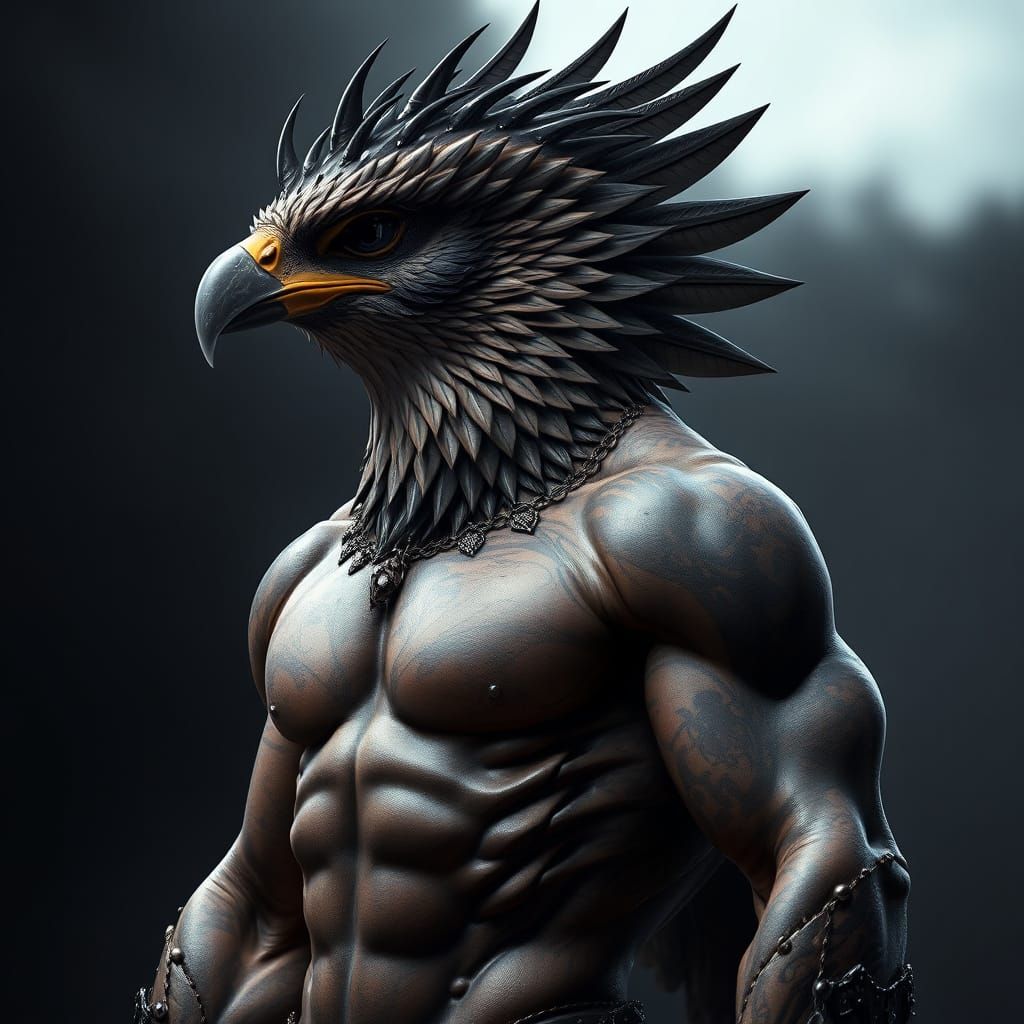 Cyberpunk Avian Warrior in Dark Fantasy Regalia