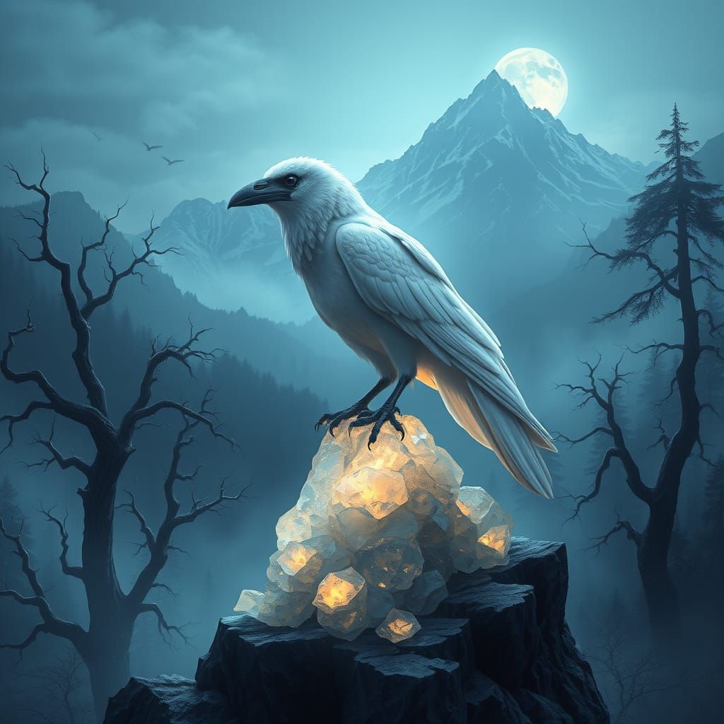 Ethereal Albino Raven in Moonlit Symbolist Landscape