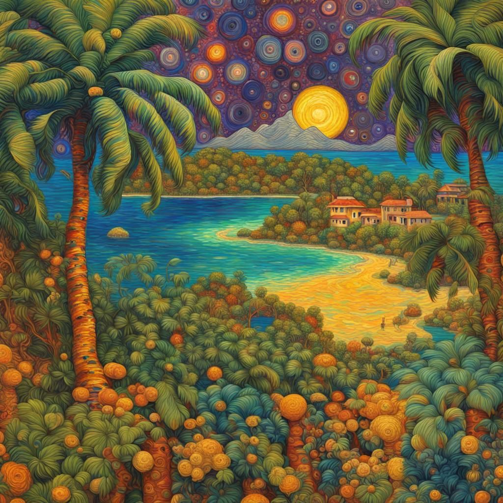 Tropical Island Abstract Art in Klimt and Van Gogh Style